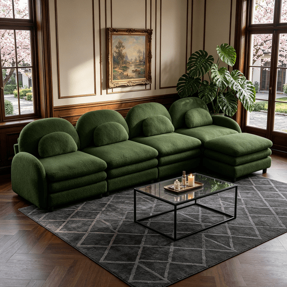 Teddy Fleece 4-Seat Sectional Sofa, Curved Cloud Couch with Movable Ottoman, Modular L-Shaped Sofa with Double-Layer Cushion & Lumbar Pillows, Modern Upholstered Couch for Living Room