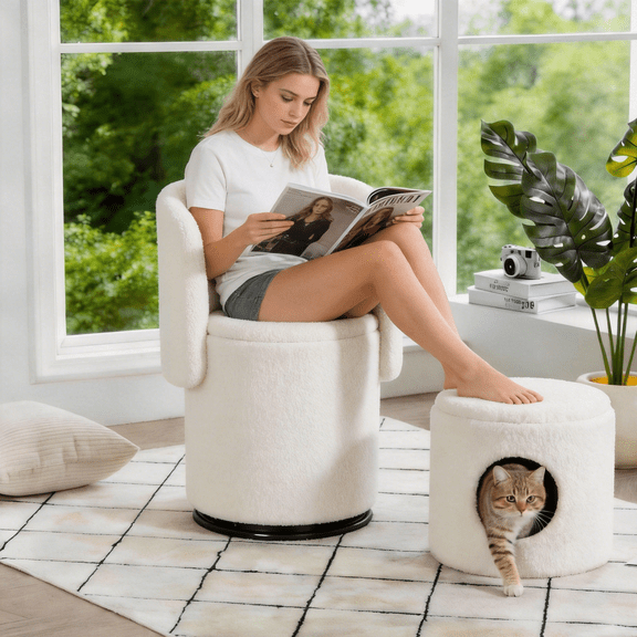Teddy Fleece Barrel Swivel Chair with Hidden Storage  360 Rotation Multi-Functional Accent Chair & Cat Bed Stool for Bedroom, Living Room & Dining Room, White