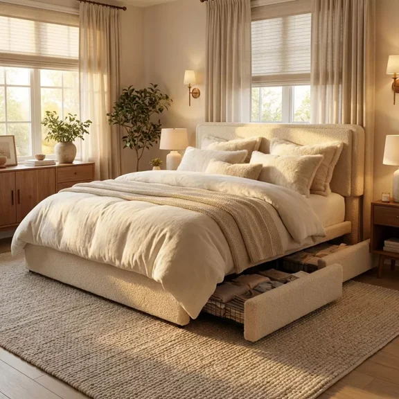 Teddy Fleece Bed Frame, Cloud Cream Bed Frame with 2 Storage Drawer and Adjustable Headboard, Soft Teddy Fabric, No Box Spring Required, Easy Assembly