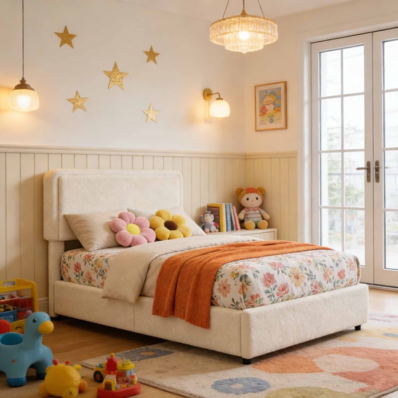 Teddy Fleece Bed Frame, Cloud Cream Bed Frame with 2 Storage Drawer and Adjustable Headboard, Soft Teddy Fabric, No Box Spring Required, Easy Assembly