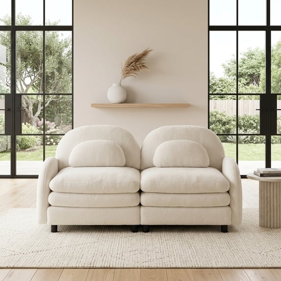 Teddy Fleece Cloud-Like Loveseat Sofa with Curved Backrest and Lumbar Pillows - Beige White