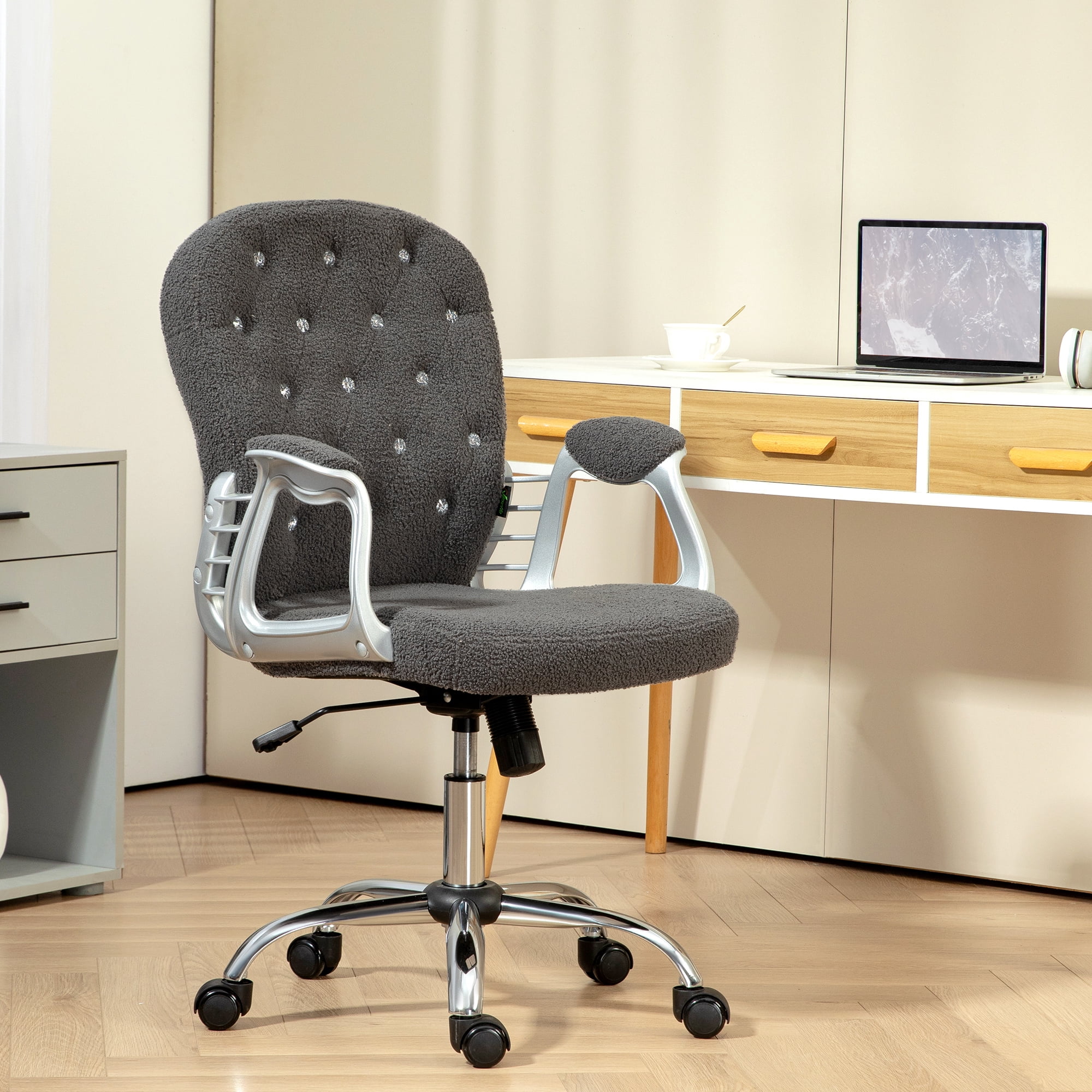 Teddy Fleece Home Office Chair, Button Tufted Desk Chair with Padded Armrests, Adjustable Height and Swivel Wheels, Dark Gray