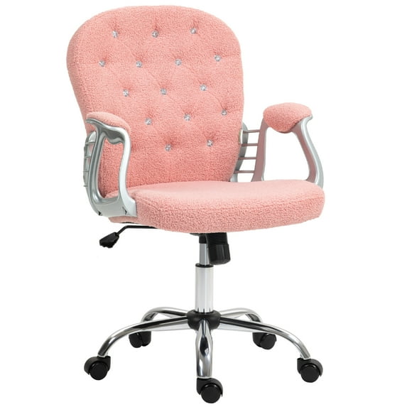 Teddy Fleece Home Office Chair, Button Tufted Desk Chair with Padded Armrests, Adjustable Height and Swivel Wheels, Pink
