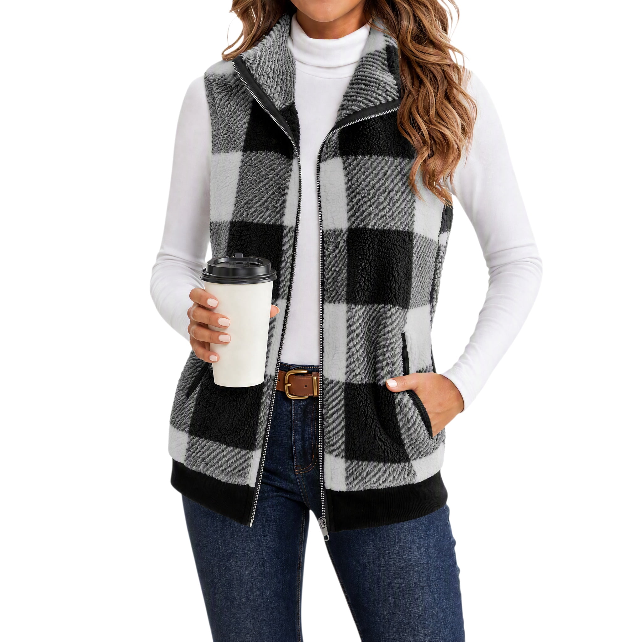 Teddy Fleece Jacket for Women Sleeveless Zip Up Teddy Fleece Vest with Pockets Buffalo Plaid Stand Collar Warm Sherpa Vest for Fall Winter Casual Wear