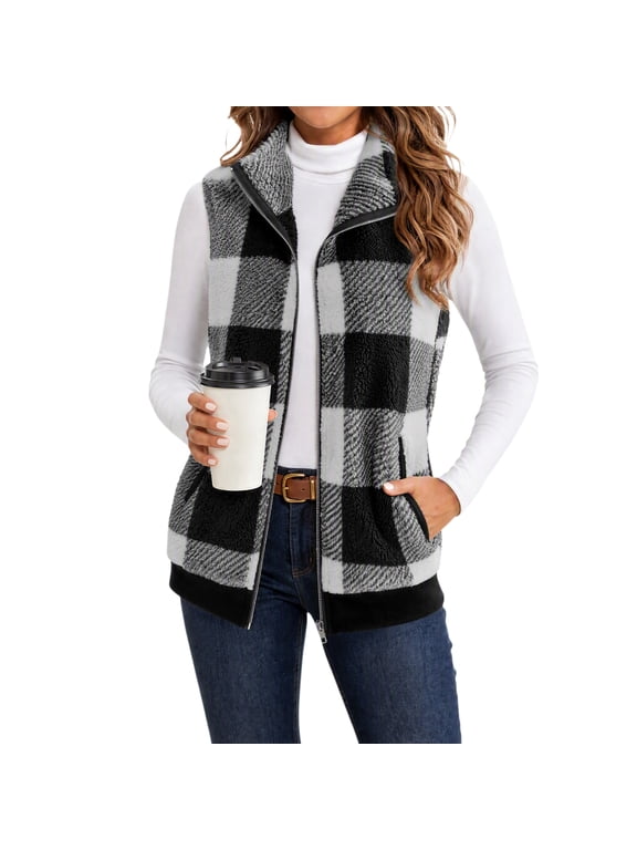 Teddy Fleece Jacket for Women Sleeveless Zip Up Teddy Fleece Vest with Pockets Buffalo Plaid Stand Collar Warm Sherpa Vest for Fall Winter Casual Wear
