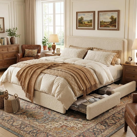 Teddy Fleece King Size Bed Frame, Cloud Cream Bed Frame with 2 Storage Drawer and Adjustable Headboard, Soft Teddy Fabric, No Box Spring Required, Easy Assembly, Cream