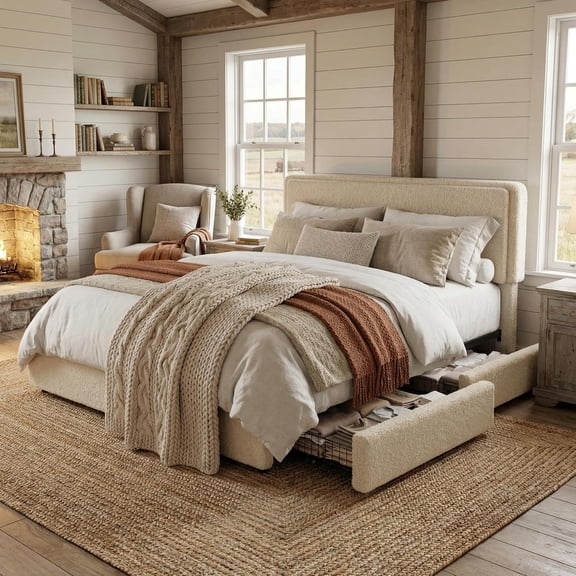 Teddy Fleece King Size Bed Frame, Cloud Cream Bed Frame with 2 Storage Drawer and Adjustable Headboard, Soft Teddy Fabric, No Box Spring Required, Easy Assembly, Cream