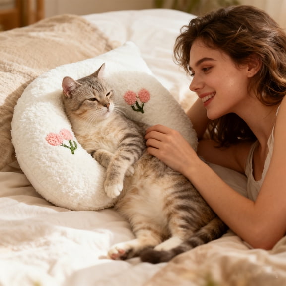 Teddy Fleece Pet Half-Moon Pillow, Cat Pillow For Kneading & Deep Sleep, U-Shaped Pet Cushion