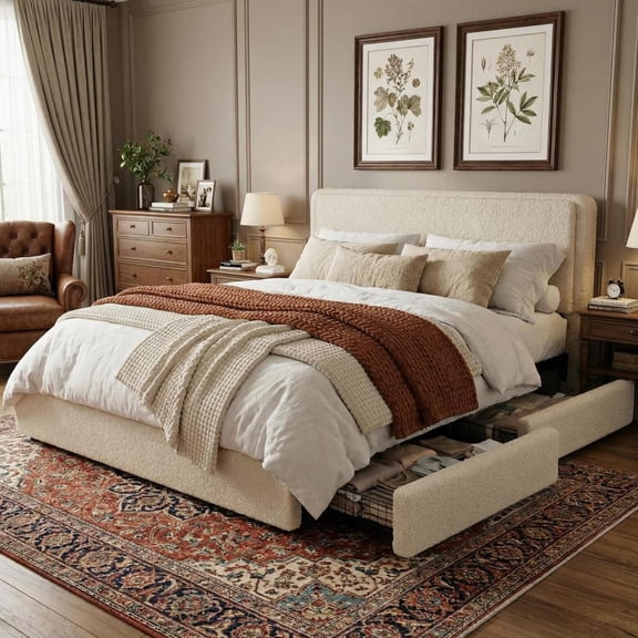 Teddy Fleece Queen Size Bed Frame, Cloud Cream Bed Frame with 2 Storage Drawer and Adjustable Headboard, Soft Teddy Fabric, No Box Spring Required, Easy Assembly, Cream