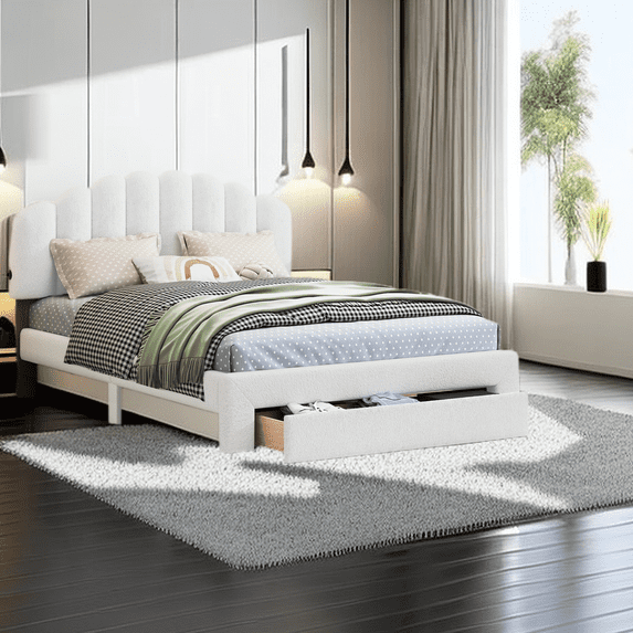 Teddy Fleece Queen Size Upholstered Platform Bed,with Storage Drawer,Wooden Bedframe w/LED Lights and USB Ports,No Box Spring Needed, for Bedroom,Guest Room