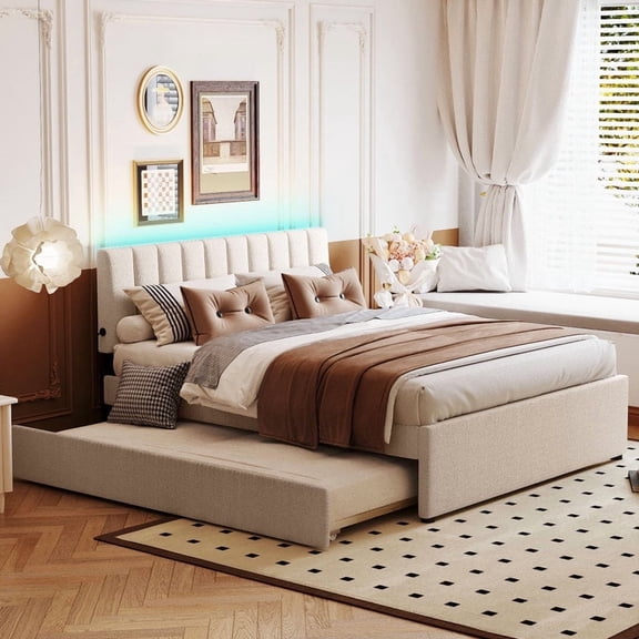 [Luckynote]Teddy Fleece Queen Size Upholstered Platform Bed with Twin XL Trundle, Beige