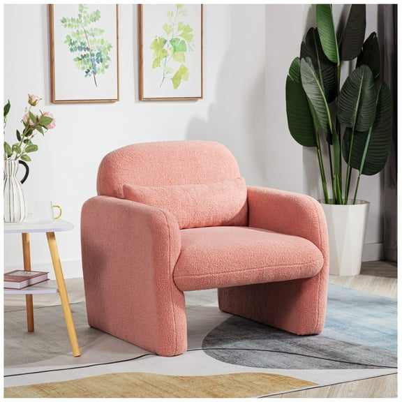 Teddy Fleece Single Sofa Chair, Pink Armchair with Arms & Pillow - Living Room, Bedroom Accent Chair