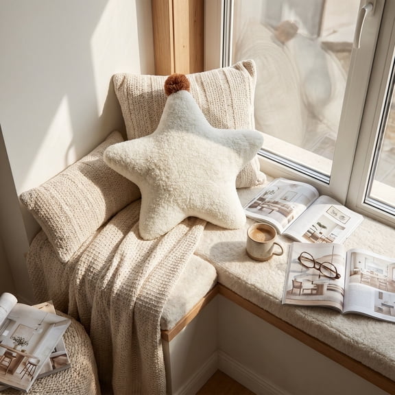 Teddy Fleece Star Cushion, Soft Decorative Pillow, Cream Taupe Boho, Polyester Fill for Sofa Bed Decor