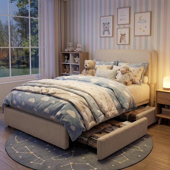 Teddy Fleece Twin Size Bed Frame, Cloud Cream Bed Frame with 2 Storage Drawer and Adjustable Headboard, Soft Teddy Fabric, No Box Spring Required, Easy Assembly, Cream