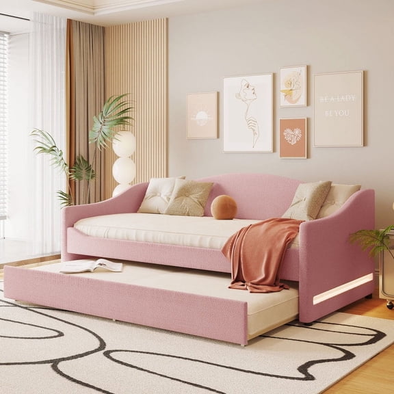 [Luckynote]Teddy Fleece Twin Size Upholstered Daybed with Light and Trundle, Pink