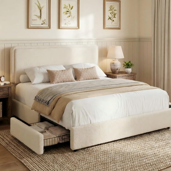 Teddy Fleece Upholstered Bed Frame with 2 Storage Drawers, Height Adjustable Cloud Headboard, Soft Platform Bed, Modern Style, No Box Spring Required, Cream