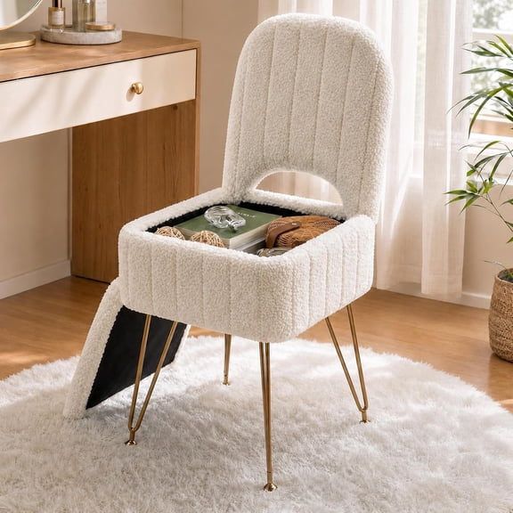 Teddy Fleece Vanity Stool with Backrest, Hidden Storage Ottoman, 16.5 x 15.8 x 33 in Makeup Chair, 280 lb Capacity,White
