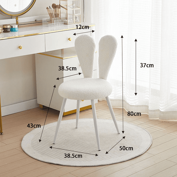 Teddy Furry Bunny Vanity Stool, Rabbit Ear Backrest Makeup Chair, Cream White