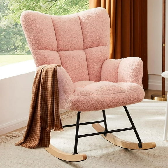TINKLE WELL Teddy Glider Recliner Rocking Chair, High Backrest Modern Accent with Smooth Glide Motion for Nursery, Living Room, Bedroom, Plush Reading & Relaxation Chair, Pink