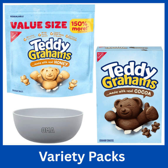 Teddy Grahams Honey Graham Cookies 25 oz & Chocolate Teddy Grahams 10 oz Variety Pack Bundle with Free Bowl by OMA