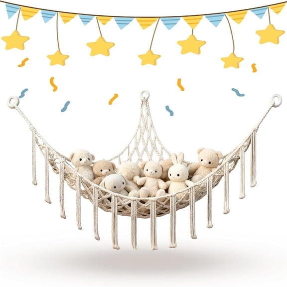 Hautllaif Teddy Hammocks, Corner Toy Storage Net for Stuffed Animals, Stuffed Animal Storage Net, Cute Plush Nursery Hanging Organizer for Kids Bedroom and Playroom (Beige)