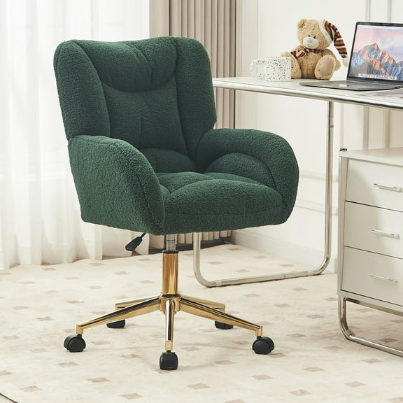 Teddy Office Desk Chair with Gold Metal Base, 360 Degree Swivel Upholstered Vanity Chairs with Arms, Modern Swivel Rolling Chair for Living Room Bedroom, Green