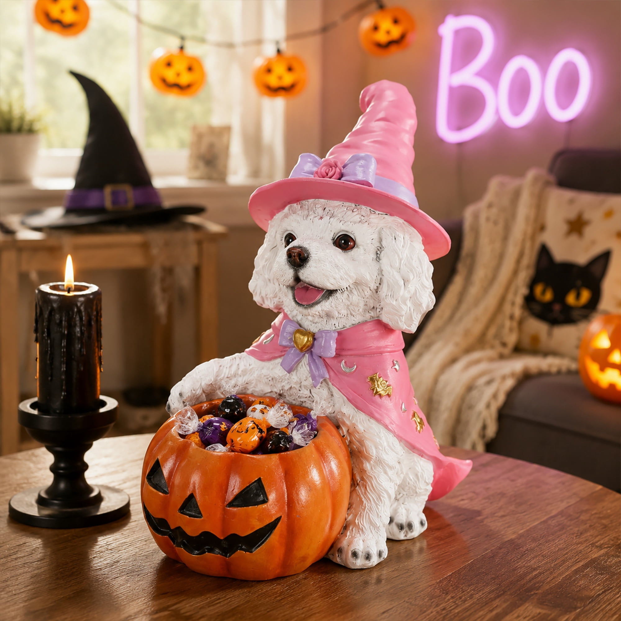 Teddy Puppy Figurine 12.6 Inch, Halloween Witch Dog Statue with Pumpkin Candy Bowl, Cute Puppy Decor for Tabletop and Holiday Display, White and Pink