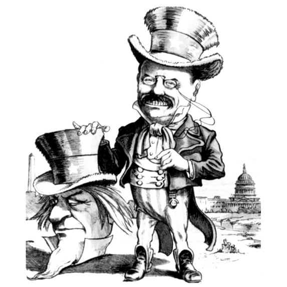 Teddy Roosevelt Cartoon.Nuncle Sam Unmasked American Cartoon C1905 Showing President Roosevelt As The Man Behind The