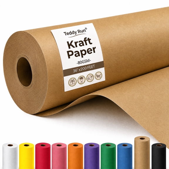 Teddy Run Brown Kraft Craft Paper Roll for Gift Wrapping Bulletin Board Bouquet Flower Art Packing Parcel Table Covering 80GSM (Brown, 36in*200ft)