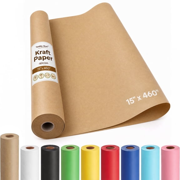 Teddy Run Brown Kraft Craft Paper Roll for Gift Wrapping Bulletin Board Bouquet Flower Art Packing Parcel Table Covering 80GSM (Brown, 15" x 460")