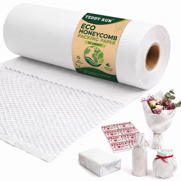 Teddy Run Honeycomb Packing Paper, 15" x 168' Cushioning Wrap for Packing Moving, Products Gifts Wrapping Paper, Recyclable Biodegradable Shipping Packing Material with 20 Fragile Sticker Labels