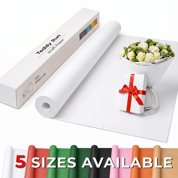 Teddy Run White Kraft Paper Roll 15" x 460" (80GSM)for Gift Wrapping Bulletin Board Craft Art Bouquet Flower Packing Moving Shipping Floor Covering Table