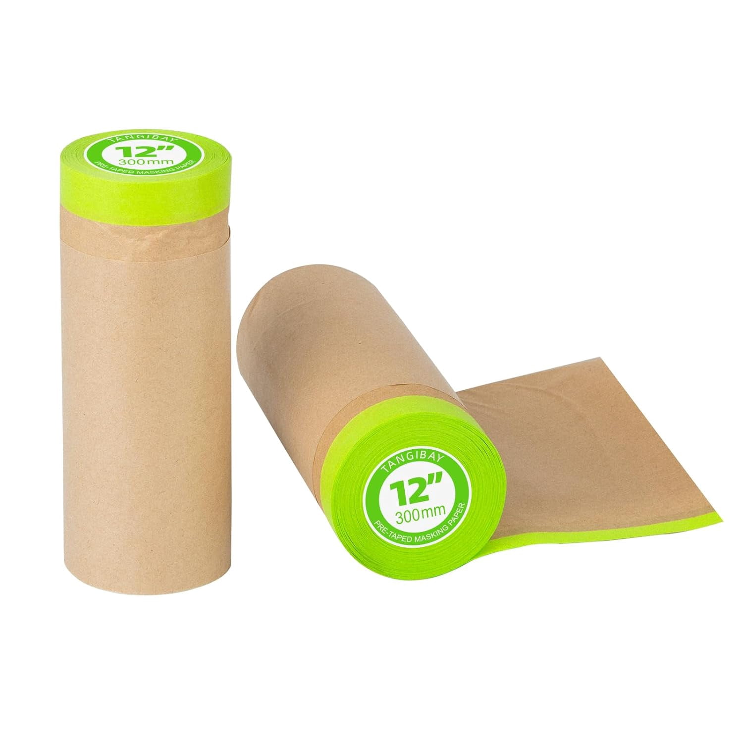 Teddy Run Pre-Taped Masking Paper for Painting - 12 inch x 50 feet Tape and Drape Painters Paper, Paint Adhesive Protective Paper Roll for Covering Skirting, Frames, Cars and Auto Body (2 Rolls)