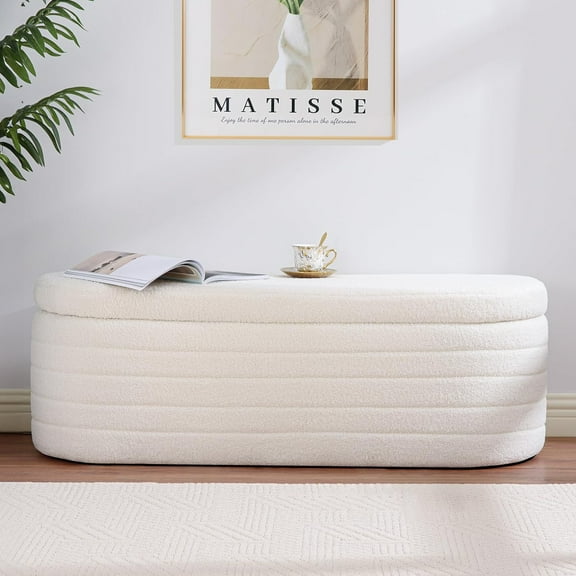 Teddy Sherpa Storage Ottoman Bench, Modern Upholstered Window Bench with Safety Hinge Lid, Oval White Ottoman for Living Room, Bedroom End of Bed