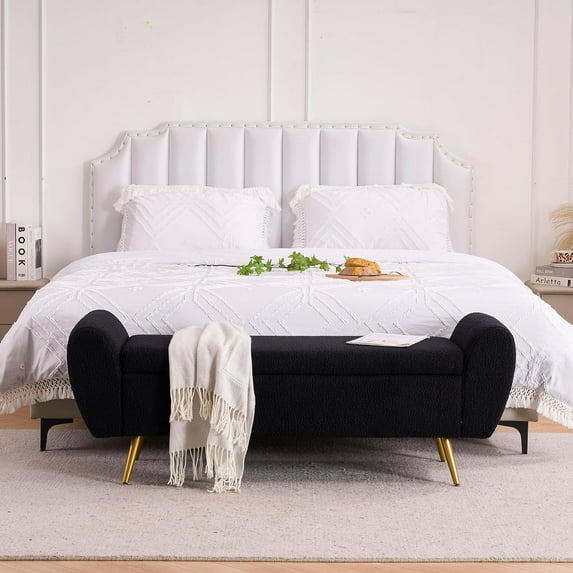Teddy Storage Bench for Bedroom, 57" Extra Long Boucle Bench for King Size Bed, Modern Upholstered End of Bed Ottoman Bench with Arms and Gold Legs for Entryway Living Room (Black)