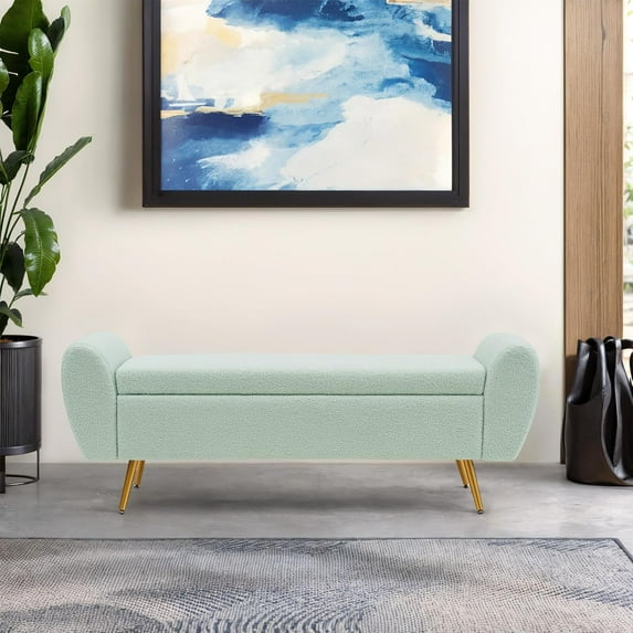 Teddy Storage Bench for Bedroom, Extra Long Boucle Bench for King Size Bed, Modern Upholstered End of Bed Ottoman Bench with Arms for Entryway Living Room (SAGE)