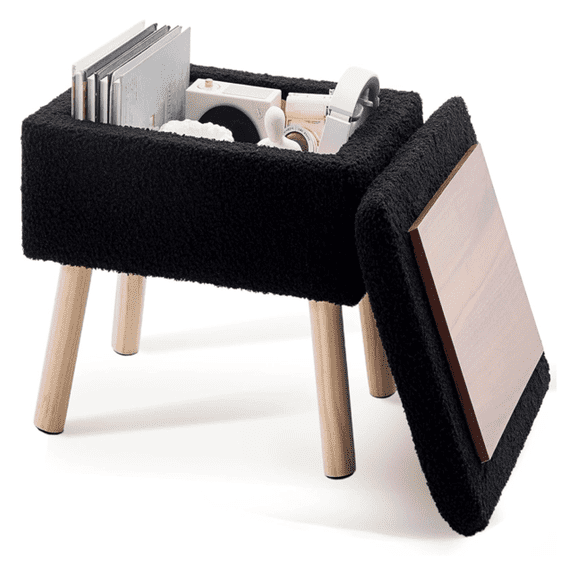 Teddy Storage Ottoman, Rectangular Foot Stool with Lid, Black Soft Fleece Upholstery, Solid Wood Legs - Entryway , Living Room Decor