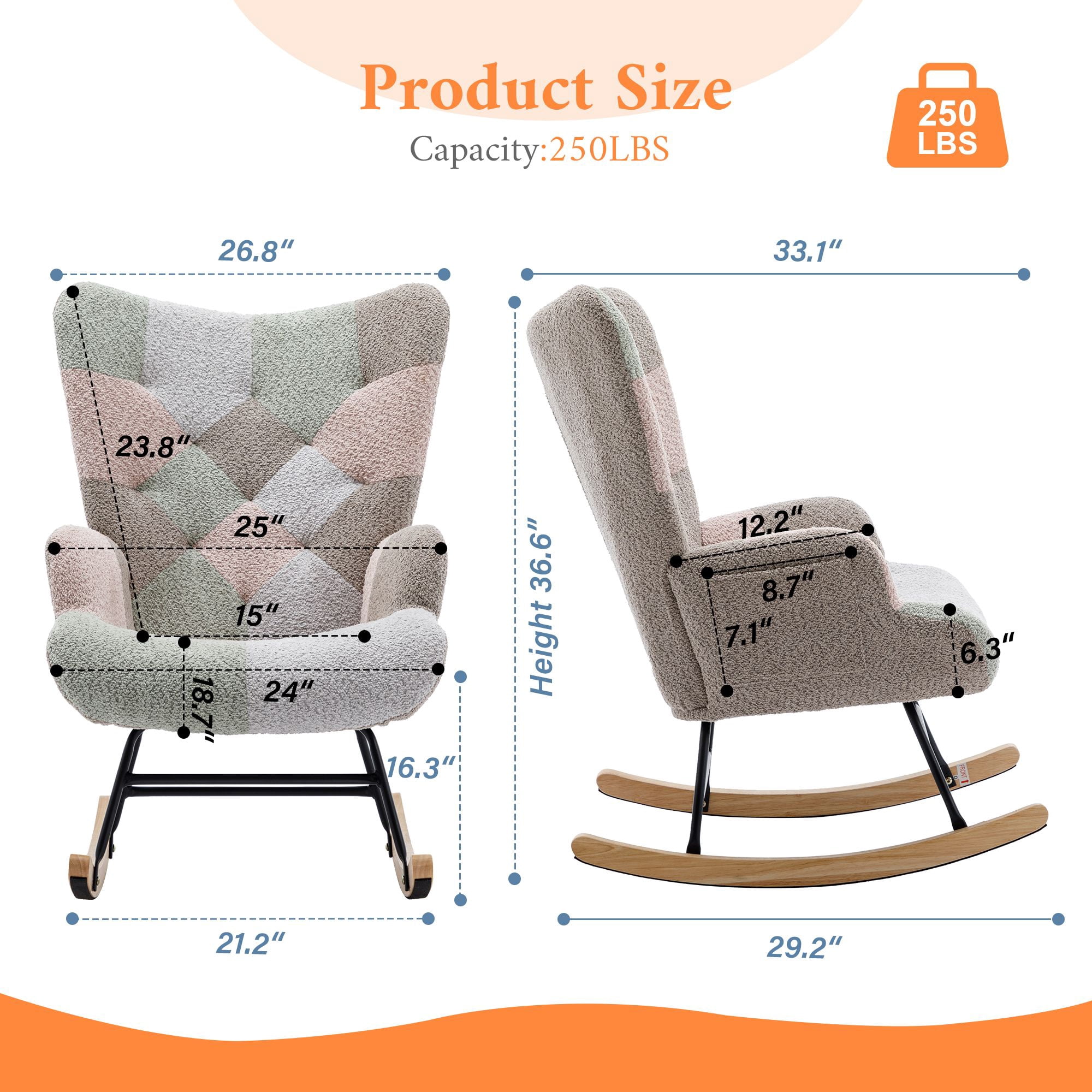Teddy Upholstered Nursery Glider Rocking Chair - High Backrest Comfy Armchair | Versatile Accent Chair for Living Room, Bedroom, Offices