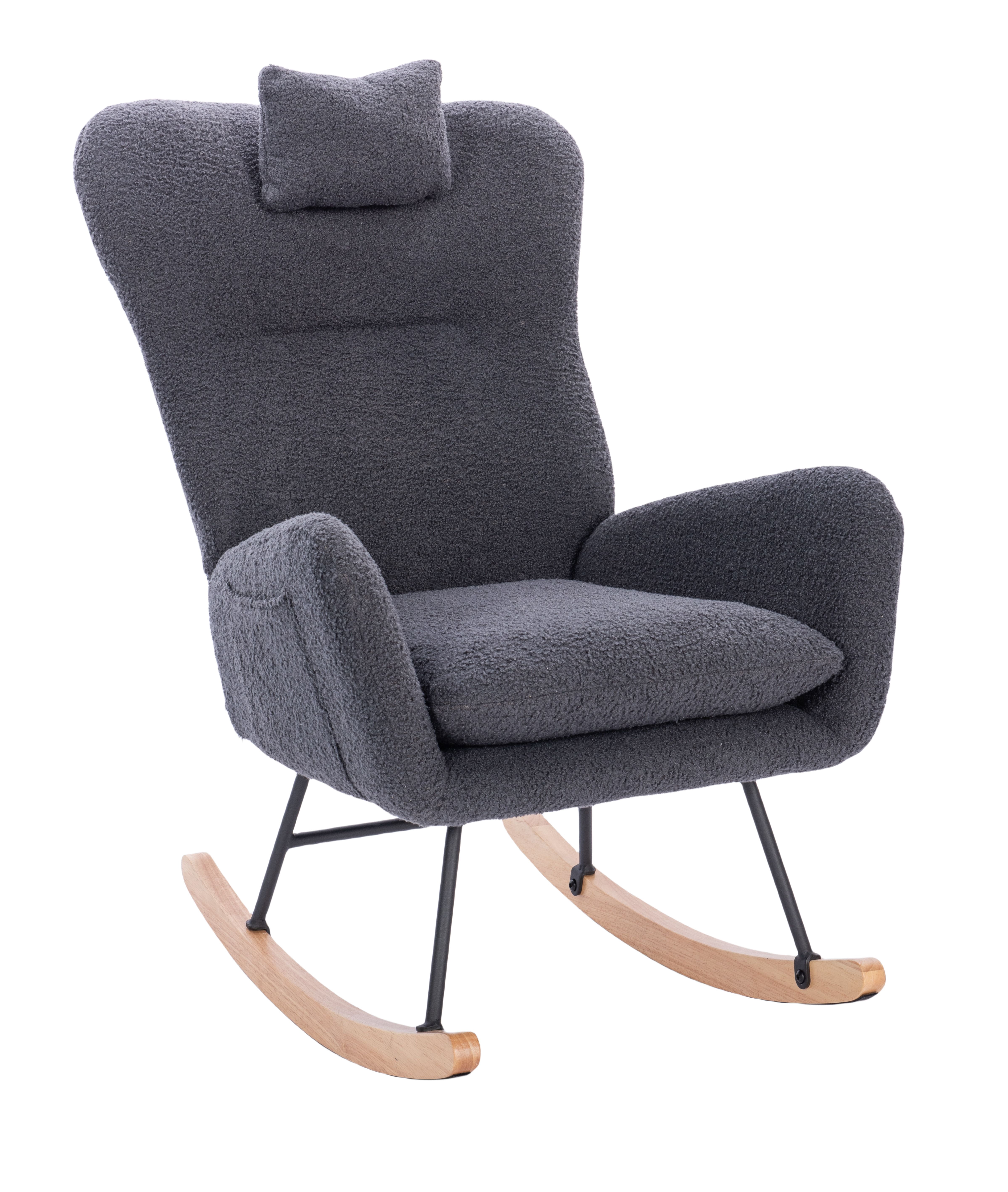 Teddy Upholstered Rocking Chair - Dark Gray Plush Nursery Glider Chair with High Backrest for Breastfeeding, Living Room & Bedroom, Easy Assembly (Solid Wood & Steel Frame)