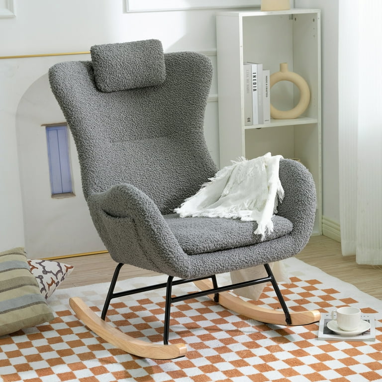 Teddy Upholstered Rocking Chair Nursery Modern Glider Rocker Chair with High Backrest Side Hanging Pockets Accent Armchair for Living Room Bedroom Balcony Offices Gray Walmart