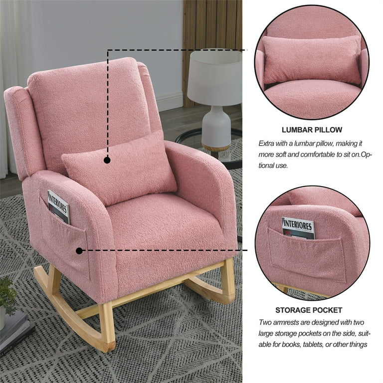 Teddy Upholstered Rocking Chair with One Lumbar Pillow High Backrest Armchair with 2 Side Pockets Leisure Chair for Nursery.Living Room and