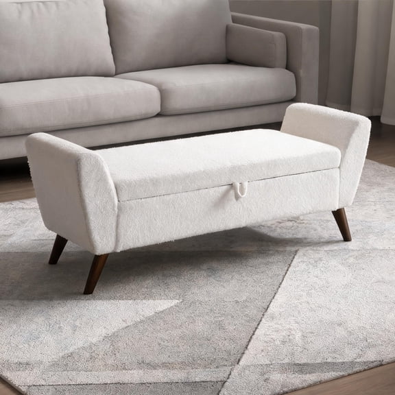 Teddy Upholstery 60-Inch 2-Seat Storage Bench, Mid-Century Modern Beige-Toned with Wood Legs