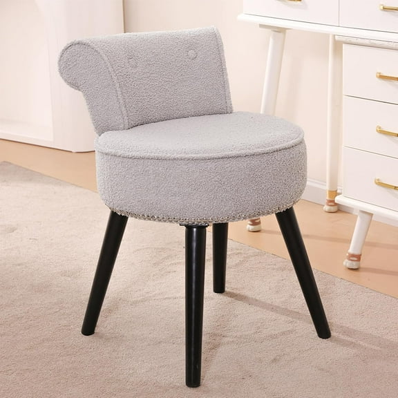 Teddy Vanity Chair with Back for Bedroom Tufted Low Back Makeup Chair with Wooden Legs, Modern Elegant Dressing Table Stool for Dressing Room and Bathroom (Teddy-Gray)