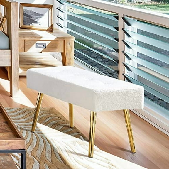 Teddy Velvet Entryway Bench with Gold Legs,Make up Ottoman for Bedroom,End of Bed Footrest with No Arms,Extra Seating for Living Room,White