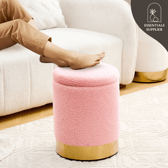 Teddy Velvet Round Ottoman Stool with Storage, Padded Seat, Metal Base, Pink