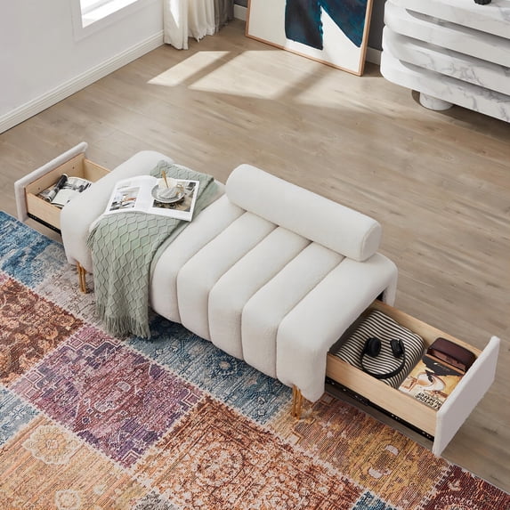 Teddy Velvet Storage Ottoman Bench, Upholstered Shoe Storage Bench with 2 Pull Out Drawers and Backrest, Channel Tufted Entryway Bench for Living Room, Bedroom, Beige