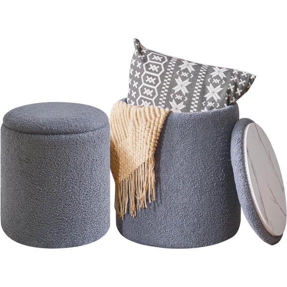 Teddy Velvet Vanity Stool for Makeup, Set of 2 Round Ottoman with Storage, Modern Padded Seat Coffee Table, Multipurpose Footrest Stool for Living Room & Bedroom, Gray WBD015G
