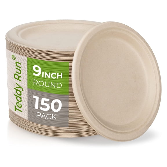 TeddyRun Compostable Paper Plates 9 inch 150 Count Disposable Heavy Duty Large Party Plates Bulk for Dinner Appetizer Dessert Cake Birthday Holiday Party Supplies White