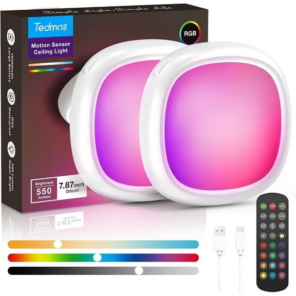 Tedmos Rechargeable Ceiling Light, Motion Sensor, RGB, IP54 Waterproof ...