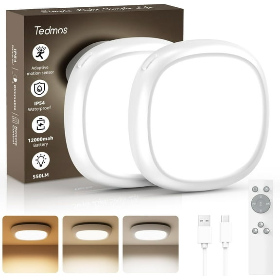 Tedmos 2 Pack IP54 Waterproof Shower Lights for Inside Shower, 12000mAh Battery Powered Rechargeable Ceiling Light with Motion Sensor, Wireless Overhead LED with Remote No Wiring for Bathroom Closet
